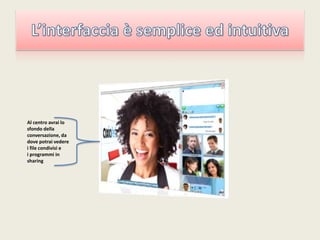 L’interfaccia è semplice ed intuitivaAl centro avrai lo sfondo della conversazione, da dove potrai vederei file condivisi e i programmi in sharing 