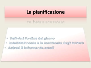 La pianificazioneDefinisci l’ordine del giornoInserisci il nome e le coordinate degli invitatiAxiatel li informa via email