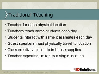 Traditional Teaching Teacher for each physical location Teachers teach same students each day  Students interact with same classmates each day  Guest speakers must physically travel to location Class creativity limited to in-house supplies Teacher expertise limited to a single location 