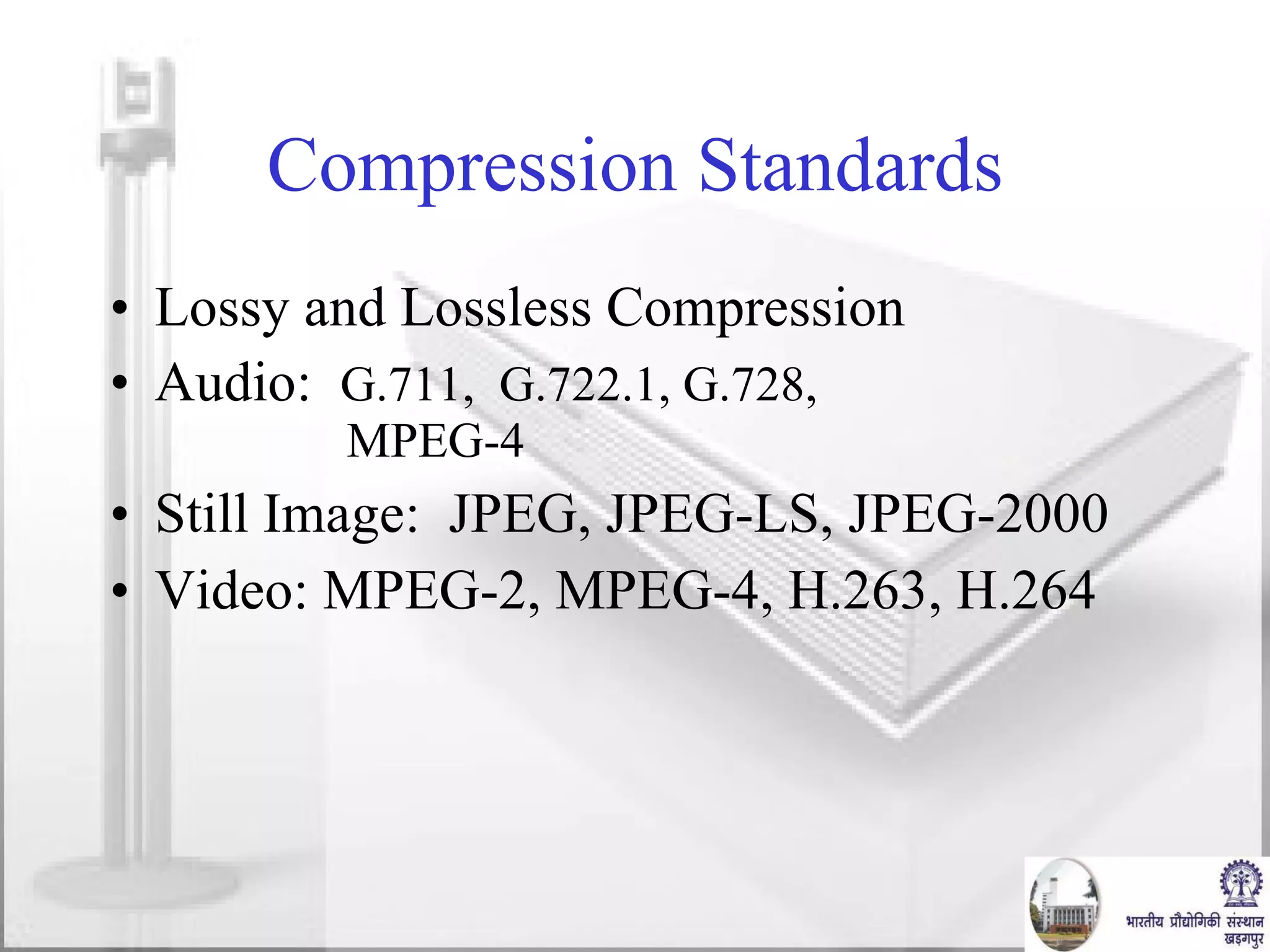 Compression Standards Lossy and Lossless Compression Audio:  G.711,  G.722.1, G.728,  MPEG-4 Still Image:  JPEG, JPEG-LS, JPEG-2000 Video: MPEG-2, MPEG-4, H.263, H.264 