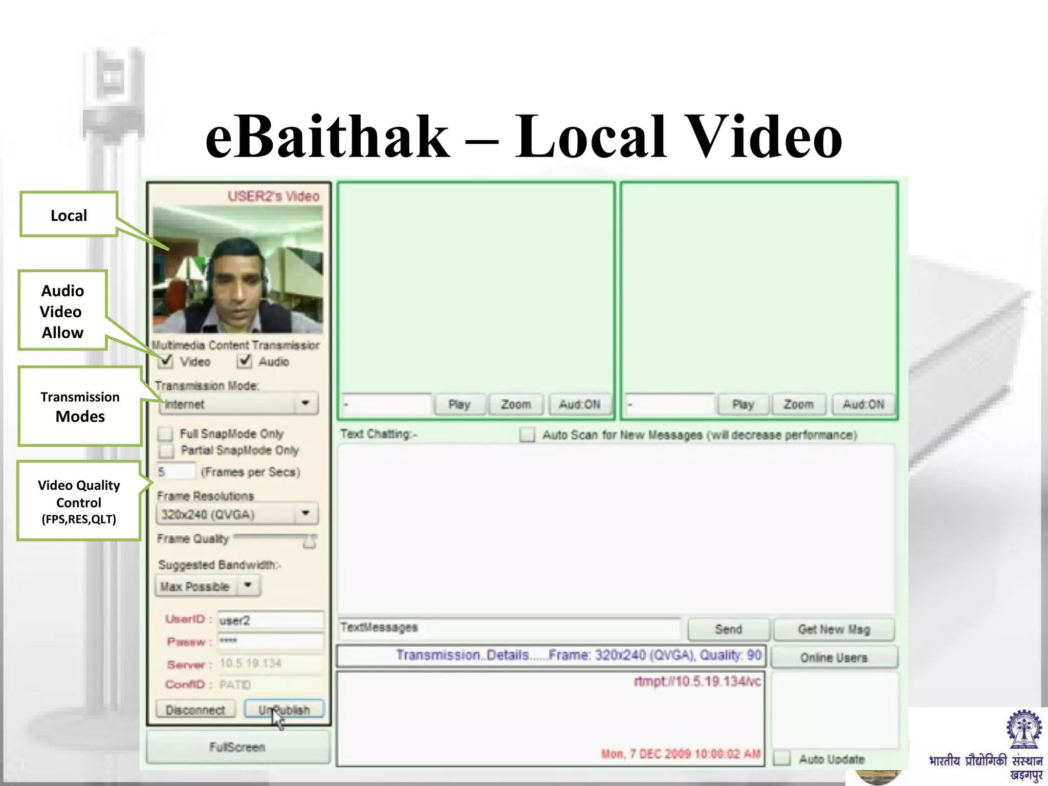 eBaithak – Local Video Local Audio Video  Allow Transmission Modes Video Quality Control (FPS,RES,QLT) 