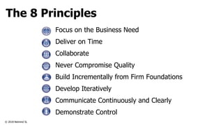© 2018 Netmind SL
The 8 Principles
Focus on the Business Need
Deliver on Time
Collaborate
Never Compromise Quality
Build Incrementally from Firm Foundations
Develop Iteratively
Communicate Continuously and Clearly
Demonstrate Control
 