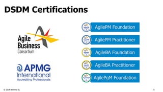 © 2018 Netmind SL
DSDM Certifications
35
AgilePM Foundation
AgilePM Practitioner
AgileBA Foundation
AgileBA Practitioner
AgilePgM Foundation
 