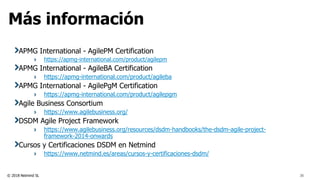© 2018 Netmind SL
Más información
36
APMG International - AgilePM Certification
https://apmg-international.com/product/agilepm
APMG International - AgileBA Certification
https://apmg-international.com/product/agileba
APMG International - AgilePgM Certification
https://apmg-international.com/product/agilepgm
Agile Business Consortium
https://www.agilebusiness.org/
DSDM Agile Project Framework
https://www.agilebusiness.org/resources/dsdm-handbooks/the-dsdm-agile-project-
framework-2014-onwards
Cursos y Certificaciones DSDM en Netmind
https://www.netmind.es/areas/cursos-y-certificaciones-dsdm/
 