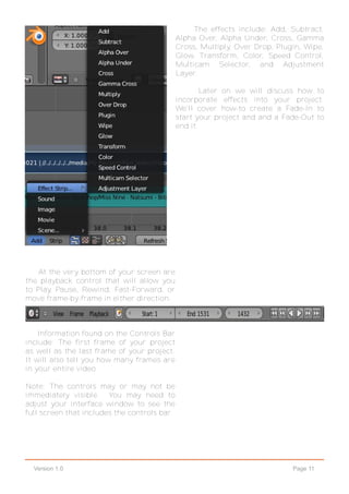 Page 11Version 1.0
The effects include: Add, Subtract,
Alpha Over, Alpha Under, Cross, Gamma
Cross, Multiply, Over Drop, Plugin, Wipe,
Glow, Transform, Color, Speed Control,
Multicam Selector, and Adjustment
Layer.
Later on we will discuss how to
incorporate effects into your project.
We'll cover how-to create a Fade-In to
start your project and and a Fade-Out to
end it.
At the very bottom of your screen are
the playback control that will allow you
to Play, Pause, Rewind, Fast-Forward, or
move frame-by-frame in either direction.
Information found on the Controls Bar
include: The first frame of your project
as well as the last frame of your project.
It will also tell you how many frames are
in your entire video.
Note: The controls may or may not be
immediately visible. You may need to
adjust your interface window to see the
full screen that includes the controls bar.
 