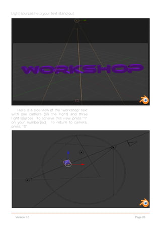 Page 26Version 1.0
Light sources help your text stand out.
Here is a side view of the "workshop" text
with one camera (on the right) and three
light sources. To acheive this view, press "1"
on your numberpad. To return to camera,
press, "0".
 