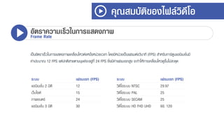 เป็นอัตรำเร็วในกำรแสดงภำพเคลื่อนไหวต่อหนึ่งหน่วยเวลำ โดยมีหน่วยเป็นเฟรมต่อวินำที (FPS) สำหรับกำร์ตูนแอนิเมชั่นมี
ค่ำประมำณ 12 FPS แต่ปกติสำยตำมนุษย์จะอยู่ที่ 24 FPS ยิ่งมีค่ำเฟรมเรทสูง จะทำให้กำรเคลื่อนไหวดูรื่นไม่สะดุด
คุณสมบัติของไฟล์วิดีโอ
อัตราความเร็วในการแสดงภาพFrame Rate
ระบบ เฟรมเรท (FPS)
แอนิเมชั่น 2 มิติ 12
เว็บไซต์ 15
ภำพยนตร์ 24
แอนิเมชั่น 3 มิติ 30
ระบบ เฟรมเรท (FPS)
วิดีโอระบบ NTSC 29.97
วิดีโอระบบ PAL 25
วิดีโอระบบ SECAM 25
วิดีโอระบบ HD FHD UHD 60, 120
 