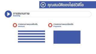 คุณสมบัติของไฟล์วิดีโอ
การสแกนภาพScanning
การสแกนภาพแบบสลับเส้น
Interlaced
การสแกนภาพแบบเรียงเส้น
Progressive
 