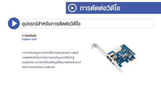 การตัดต่อวิดีโอ
อุปกรณ์สาหรับการตัดต่อวิดีโอ
การ์ดตัดต่อ
Capture Card
กำรถ่ำยโอนข้อมูลจำกกล้องวิดีโอเข้ำสู่คอมพิวเตอร์ จะต้องมี
กำร์ดตัดต่อเป็นตัวกลำงในกำรผ่ำนสัญญำณวิดีโอเข้ำสู่
คอมพิวเตอร์ และทำหน้ำที่บีบอัดข้อมูลให้มีขนำดเล็กลงในขณะที่
ยังมีควำมคมชัดเหมือนภำพต้นฉบับ
 