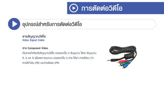 การตัดต่อวิดีโอ
อุปกรณ์สาหรับการตัดต่อวิดีโอ
สายสัญญาณวิดีโอ
Video Signal Cable
สาย Component Video
เป็นสำยสำหรับส่งสัญญำณวิดีโอ แบ่งออกเป็น 3 สัญญำณ ได้แก่ สัญญำณ
R, G และ B เพื่อลดกำรรบกวน แบ่งออกเป็น 3 สำย ได้แก่ สำยสีเขียว (Y)
สำยสีน้ำเงิน (PB) และสำยสีแดง (PR)
 