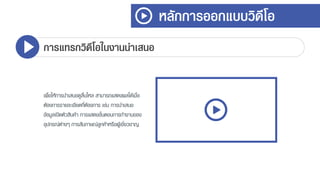 หลักการออกแบบวิดีโอ
การแทรกวิดีโอในงานนาเสนอ
เพื่อให้กำรนำเสนอดูลื่นไหล สำมำรถแสดงผลได้เมื่อ
ต้องกำรรำยละเอียดที่ต้องกำร เช่น กำรนำเสนอ
ข้อมูลเปิดตัวสินค้ำ กำรแสดงขั้นตอนกำรทำงำนของ
อุปกรณ์ต่ำงๆ กำรสัมภำษณ์ลูกค้ำหรือผู้เชี่ยวชำญ
 