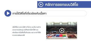 หลักการออกแบบวิดีโอ
การใช้วิดีโอที่เกี่ยวข้องกับเนื้อหา
เพื่อให้สื่อควำมหมำยได้ดี เข้ำใจง่ำย และเป็นกำรสร้ำง
ประสบกำรณ์เรียนรู้ ช่วยให้จดจำเนื้อหำได้ดี ควร
หลีกเลี่ยงกำรใช้วิดีโอที่ไม่เกี่ยวข้อง เพรำะอำจทำให้สื่อ
ควำมหมำยผิดพลำดได้
 