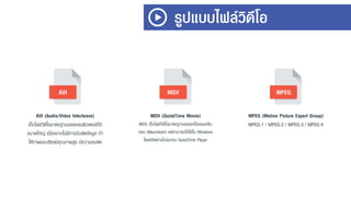 รูปแบบไฟล์วิดีโอ
AVI (Audio/Video Interleave)
เป็นไฟล์วิดีโอมำตรฐำนของคอมพิวเตอร์ที่มี
ขนำดใหญ่ เนื่องจำกไม่มีกำรบีบอัดข้อมูล ทำ
ให้ภำพและเสียงมีคุณภำพสูง มีควำมคมชัด
AVI
MOV (QuickTime Movie)
MOV เป็นไฟล์วิดีโอมำตรฐำนของเครื่องแมคอิน
ทอช (Macintosh) แต่สำมำรถใช้ได้ใน Windows
โดยเปิดผ่ำนโปรแกรม QuickTime Player
MOV
MPEG (Motion Picture Expert Group)
MPEG-1 | MPEG-2 | MPEG-3 | MPEG-4
MPEG
 