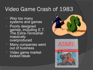 Video Game Crash of 1983 Way too many systems and games Poorly designed games, including  E.T. The Extra-Terrestrial  massively overproduced Many companies went out of business Video game market looked bleak 