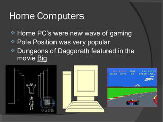 Home Computers Home PC’s were new wave of gaming Pole Position was very popular Dungeons of Daggorath featured in the movie  Big 
