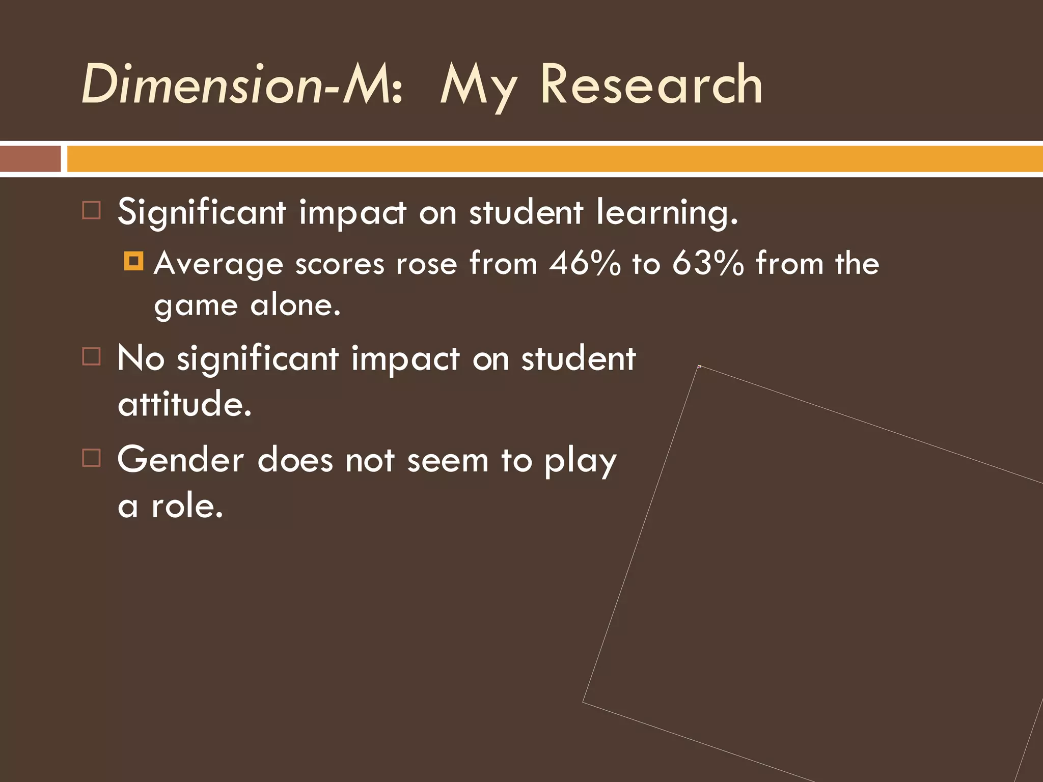 Dimension-M :  My Research Significant impact on student learning. Average scores rose from 46% to 63% from the game alone. No significant impact on student attitude. Gender does not seem to play  a role. 
