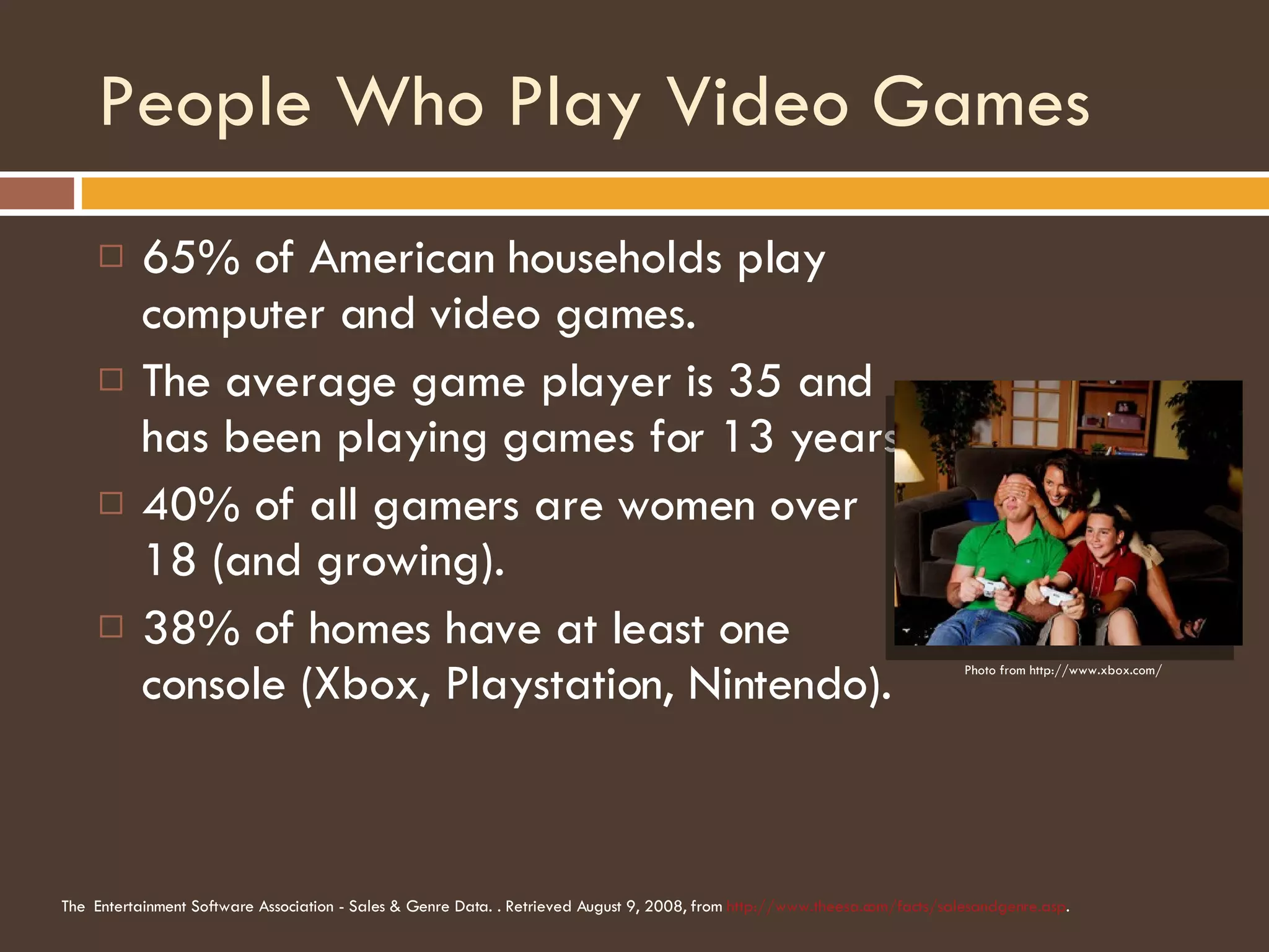 People Who Play Video Games 65% of American households play computer and video games. The average game player is 35 and has been playing games for 13 years. 40% of all gamers are women over 18 (and growing). 38% of homes have at least one console (Xbox, Playstation, Nintendo). The   Entertainment Software Association - Sales & Genre Data. . Retrieved August 9, 2008, from  http://www.theesa.com/facts/salesandgenre.asp . Photo from http://www.xbox.com/  