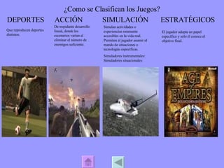 ESTRATÉGICOS ACCIÓN SIMULACIÓN ¿Como se Clasifican los Juegos? DEPORTES Que reproducen deportes distintos.  De trepidante desarrollo lineal, donde los escenarios varían al eliminar el número de enemigos suficiente.  Simulan actividades o experiencias raramente accesibles en la vida real. Permiten al jugador asumir el mando de situaciones o tecnologías específicas.  Simuladores instrumentales:  Simuladores situacionales: El jugador adopta un papel específico y solo él conoce el objetivo final.  