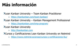© 2018 Netmind SL
Más información
28
Lean Kanban University – Team Kanban Practitioner
https://leankanban.com/team-kanban/
Lean Kanban University – Kanban Management Professional
https://leankanban.com/kmp-program/
Lean Kanban University
http://leankanban.com
Cursos y Certificaciones Lean Kanban University en Netmind
https://www.netmind.es/areas/cursos-y-certificaciones-lku/
 