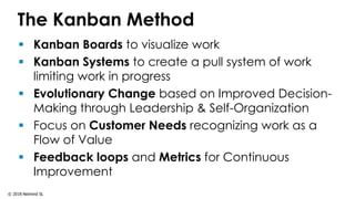 © 2018 Netmind SL
The Kanban Method
▪ Kanban Boards to visualize work
▪ Kanban Systems to create a pull system of work
limiting work in progress
▪ Evolutionary Change based on Improved Decision-
Making through Leadership & Self-Organization
▪ Focus on Customer Needs recognizing work as a
Flow of Value
▪ Feedback loops and Metrics for Continuous
Improvement
 