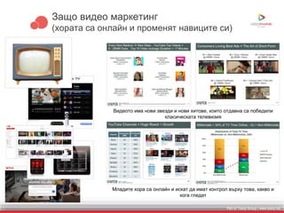 Part of Toxity Group | www.toxity.bizPart of Toxity Group | www.toxity.biz
Защо видео маркетинг
(хората са онлайн и променят навиците си)
Видеото има нови звезди и нови хитове, които отдавна са победили
класическата телевизия
Младите хора са онлайн и искат да имат контрол върху това, какво и
кога гледат
 