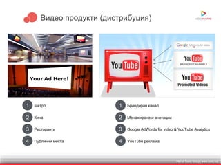Part of Toxity Group | www.toxity.bizPart of Toxity Group | www.toxity.biz
Видео продукти (дистрибуция)
1 Метро
2 Кина
3 Ресторанти
4 Публични места
1 Брандиран канал
2 Менажиране и анотации
3 Google AdWords for video & YouTube Analytics
4 YouTube реклама
 