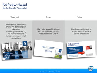 4 
Video-Reihe „Interviews“ 
an der Art der Titelgrafik 
erkennbar. 
Handlungsaufforderung 
via Play-Button und 
Versprechen zum Inhalt 
des Videos 
Nach der Video-Einleitung 
ein kurzer Unterbrecher 
mit zusätzlicher Grafik 
Handlungsaufforderung: 
Abonnieren & Weitere 
Videos anschauen 
 