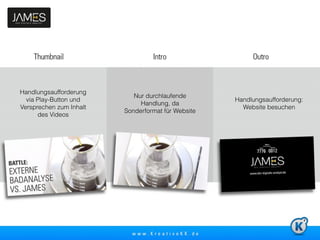 6 
Handlungsaufforderung 
via Play-Button und 
Versprechen zum Inhalt 
des Videos 
Nur durchlaufende 
Handlung, da 
Sonderformat für Website 
Handlungsaufforderung: 
Website besuchen 
 