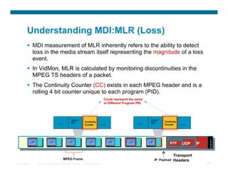 Understanding MDI:MLR (Loss)
            MDI measurement of MLR inherently refers to the ability to detect
             loss in the media stream itself representing the magnitude of a loss
             event.
            In VidMon, MLR is calculated by monitoring discontinuities in the
             MPEG TS headers of a packet.
            The Continuity Counter (CC) exists in each MPEG header and is a
             rolling 4 bit counter unique to each program (PID).
                                                                                         Could represent the same
                                                                                         or Different Program PID




                                                      Adaptation                                                    Adaptation

                                       …              Control
                                                      Field
                                                                    Continuity
                                                                    Counter          …                        …     Control
                                                                                                                    Field
                                                                                                                                 Continuity
                                                                                                                                 Counter      …

                                                                                                                                                           I
                                                                                                                                                           E
                                                                                                                                     RTP      UDP   IP     E
                                                                                                                                                           E



                                                                                                                                        Transport
                                             MPEG Frame                                                                 IP Payload      Headers
Presentation_ID   © 2007 Cisco Systems, Inc. All rights reserved.   Cisco Confidential                                                                   101
 