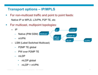 Transport options – IP/MPLS
  For non-multicast traffic and point to point feeds:
          Native IP or MPLS. L3VPN, P2P TE, etc

  For multicast, multipoint topologies:
          –  IP                                                                              IP       mVPN

                   –  Native (PIM SSM)                                          Multicast
                                                                                                    P2MP TE
                                                                                            MPLS
                   –  mVPN                                                                  (LSM)
                                                                                                    MLDP      mVPN
          –  LSM (Label Switched Multicast)
                   –  P2MP TE global
                   –  PW over P2MP TE
                   –  mLDP
                       •         mLDP global
                       •         mLDP + mVPN
 Presentation_ID    © 2007 Cisco Systems, Inc. All rights reserved.   Cisco Confidential                         25
 