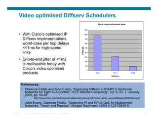 Video optimised Diffserv Schedulers


            With Cisco’s optimised IP
             Diffserv implementations,
             worst-case per hop delays
             1ms for high-speed
             links
            End-to-end jitter of 1ms
             is realiseable today with
             Cisco’s video optimised
             products

              References:
                Clarence Filsfils and John Evans, Deploying Diffserv in IP/MPLS Backbone
                 Networks for Tight SLA Control, IEEE Internet Computing*, vol. 9, no. 1, January
                 2005, pp. 58-65
                              http://www.cisco.com/en/US/prod/collateral/routers/ps167/prod_white_paper0900aecd802232cd.pdf

                John Evans, Clarence Filsfils, “Deploying IP and MPLS QoS for Multiservice
                 Networks: Theory and Practice”, Morgan Kaufmann, ISBN 0-123-70549-5.

Presentation_ID   © 2007 Cisco Systems, Inc. All rights reserved.   Cisco Confidential                                        47
 