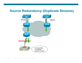 Source Redundancy (Duplicate Streams)

                                        S1,G                                                         S2,G




                                              STB                                I’m responsible
                                                                                 for dropping
                                                                                 duplicate packets




Presentation_ID   © 2007 Cisco Systems, Inc. All rights reserved.   Cisco Confidential                      60
 