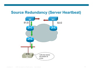 Source Redundancy (Server Heartbeat)

                                        S1,G                                                           S2,G




                                              STB                                I will only receive
                                                                                 one stream at
                                                                                 a time




Presentation_ID   © 2007 Cisco Systems, Inc. All rights reserved.   Cisco Confidential                        61
 