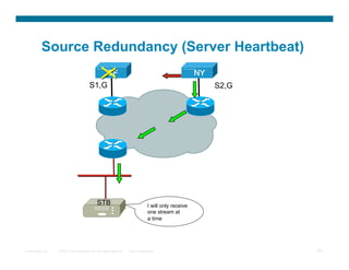 Source Redundancy (Server Heartbeat)


                                              X
                                        S1,G                                                           S2,G




                                              STB                                I will only receive
                                                                                 one stream at
                                                                                 a time




Presentation_ID   © 2007 Cisco Systems, Inc. All rights reserved.   Cisco Confidential                        62
 