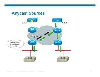 Anycast Sources


                                               X
                          1.1.1.1                                                        1.1.1.1




                                                      v2 join

      I will send join
      to the nearest
      1.1.1.1/32




                                              STB                                        STB




Presentation_ID   © 2007 Cisco Systems, Inc. All rights reserved.   Cisco Confidential             67
 
