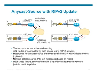 Anycast-Source with RIPv2 Update
                                                                      redistribute
                                      s/32, m=1                       s/32, metric 5                       s/32, m=16
1                          s                                                               1          s
                  ENC   ADP                                                                    X
                                                                                               ENC   ADP




                                      s/32, m=1                                                            s/32, m=1
2                          s                                                               2          s
                  ENC   ADP                                                                    ENC   ADP
                                                                        redistribute
                                                                        s/32, metric 10


          •  The two sources are active and sending
          •  s/32 routes are generated by both source using RIPv2 updates
          •  Host routes for anycast source are redistributed into IGP with variable metrics
             (optional)
          •  Network selects source (PIM join messages) based on metric
          •  Upon video failure, sources withdraw s/32 routes using Poison Reverse
             (infinite metric) updates

Presentation_ID     © 2007 Cisco Systems, Inc. All rights reserved.   Cisco Confidential                                70
 