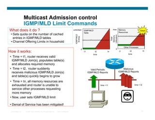 Multicast Admission control
                   IGMP/MLD Limit Commands
What does it do ?                                                                         unlimited         IGMP/MLD                        max Memory
                                                                                                                                                Resources
                                                                                                                                                                              Gasp!
                                                                                                            Table
 • Sets quota on the number of cached




                                                                                            IGMP/MLD




                                                                                                                                         Utilization
                                                                                                                                          Memory
                                                                                              Entries
   entries in IGMP/MLD tables




                                                                                                                                           Total
 • Channel Offering Limits in household
                                                                                                                                                            Other Processes
                                                                                                        0                                        0
How it works:                                                                                               t1         t2           tn                 t1         t2               tn
                                                                                                                     time                                       time
•  Time = t1, router receives valid
  IGMP/MLD Join(s), populates table(s)
  and allocates required memory
•  Time = t2, router suddenly                                                                                      Valid Periodic                          Malicious
  receives malicious IGMP/MLD Join(s)                                                                            IGMP/MLD Reports                      IGMP/MLD Reports
  and table(s) quickly begins to grow
 •  Time = tn, all memory resources are
    exhausted and router is unable to                                                                                       time = t1                                  time = t2

    service other processes requesting
    more memory
 •  Now, user sets IGMP/MLD limit

•  Denial of Service has been mitigated!

 Presentation_ID   © 2007 Cisco Systems, Inc. All rights reserved.   Cisco Confidential                                                                                       77
 
