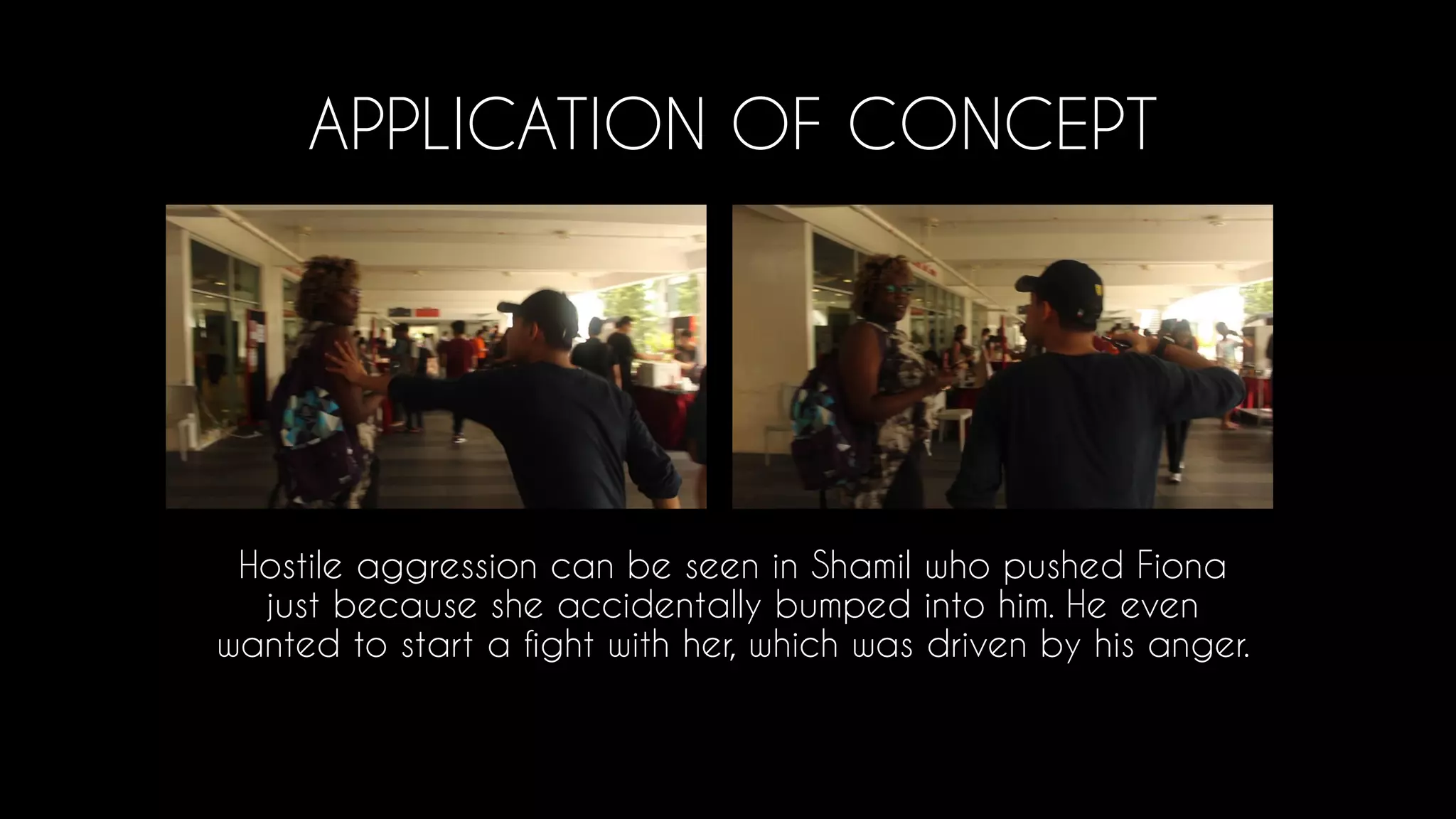 Hostile aggression can be seen in Shamil who pushed Fiona
just because she accidentally bumped into him. He even
wanted to start a fight with her, which was driven by his anger.
APPLICATION OF CONCEPT
 