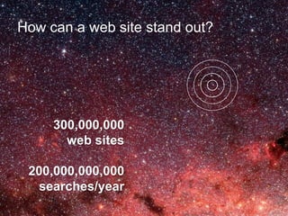 How can a web site stand out?




     300,000,000
       web sites

 200,000,000,000
  searches/year
 