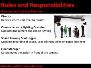Roles and Responsibilities
Who does what in your film crew
Director
Decides where and what to record
Camera person / Lighting Operator
Operates the camera and checks lighting
Sound Person / Shot Logger
Manages recording of sound. Logs all shots taken on paper log sheet
Floor Manager
Co-ordinates the action in front of the camera.
Who does what in your film crew
 