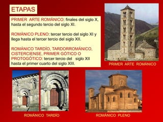 ETAPAS
PRIMER ARTE ROMÁNICO: finales del siglo X,
hasta el segundo tercio del siglo XI.
ROMÁNICO PLENO: tercer tercio del siglo XI y
llega hasta el tercer tercio del siglo XII.
ROMÁNICO TARDÍO, TARDORROMÁNICO,
CISTERCIENSE, PRIMER GÓTICO O
PROTOGÓTICO: tercer tercio del siglo XII
hasta el primer cuarto del siglo XIII.

ROMÁNICO TARDÍO

PRIMER ARTE ROMÁNICO

ROMÁNICO PLENO

 