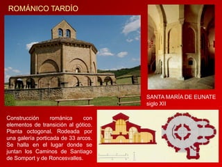 ROMÁNICO TARDÍO

SANTA MARÍA DE EUNATE
siglo XII
Construcción
románica
con
elementos de transición al gótico.
Planta octogonal. Rodeada por
una galería porticada de 33 arcos.
Se halla en el lugar donde se
juntan los Caminos de Santiago
de Somport y de Roncesvalles.

 