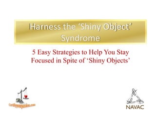 Harness the ‘Shiny Object’ Syndrome 5 Easy Strategies to Help You Stay Focused in Spite of ‘Shiny Objects’ Certifyyourpassion.com 