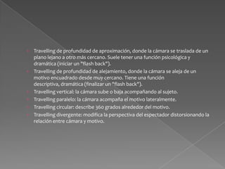 Grúa: se utiliza el eje vertical y puede conseguir toda clase de combinaciones de movimientos.Otros movimientos: cámara lenta o rápida (cambiando la velocidad de las tomas fotográficas), marcha atrás de las figuras, imagen parada... El movimiento también tiene diversas funciones: descriptivas (acompañamiento del motivo en movimiento, creación de un movimiento ilusorio en un objeto estático, descripción de un espacio o de una acción con sentido dramático unívoco) y dramáticas (definición de las relaciones espaciales entre dos elementos de la acción, relieve dramático de un personaje o de un objeto importante, expresión subjetiva del punto de vista de un personaje, expresión de la tensión mental de un personaje). 