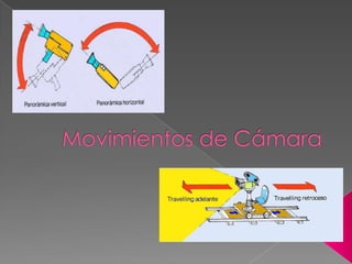 Movimientos físicosPanorámica: Consiste en un movimiento de cámara sobre el eje vertical u horizontal (X u Y) . Normalmente la cámara está situada sobre un trípode y gira alrededor de su eje. Tiene un gran valor descriptivo y también puede tener valor narrativo. Se emplea para descubrir una acción o un escenario que no puede abarcarse de una sola vez. Su efecto práctico es similar al que se produce cuando se gira la cabeza hacia un lado u otro para visionar un gran espacio. Podemos distinguir:Travelling: Consiste en un deplazamiento de la cámara variando la posición de su eje. Estos movimientos suelen ser por desplazamiento de la cámara por una persona, travelín, grúa, etc. Tiene un gran valor expresivo, de relieve y perspectiva narrativa. Existen diversos tipos:Avante o avance: la cámara se acerca. Refuerza la atención.Retro o retroceso: la cámara se aleja. Relaja la tensión, a no ser que aparezcan otros objetos que antes no se veían, despertando nuevos focos de atención.Ascendente/descendente: La cámara acompaña al personaje, o muestra alguna cosa en movimiento, hacia arriba o hacia abajo.