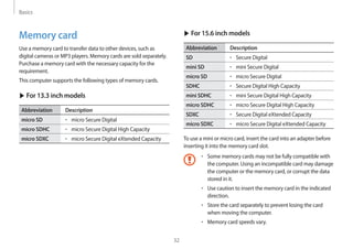 Basics
32
▶ For 15.6 inch models
Abbreviation Description
SD • 	Secure Digital
mini SD • 	mini Secure Digital
micro SD • 	micro Secure Digital
SDHC • 	Secure Digital High Capacity
mini SDHC • 	mini Secure Digital High Capacity
micro SDHC • 	micro Secure Digital High Capacity
SDXC • 	Secure Digital eXtended Capacity
micro SDXC • 	micro Secure Digital eXtended Capacity
To use a mini or micro card, insert the card into an adapter before
inserting it into the memory card slot.
• 	Some memory cards may not be fully compatible with
the computer. Using an incompatible card may damage
the computer or the memory card, or corrupt the data
stored in it.
• 	Use caution to insert the memory card in the indicated
direction.
• 	Store the card separately to prevent losing the card
when moving the computer.
• 	Memory card speeds vary.
Memory card
Use a memory card to transfer data to other devices, such as
digital cameras or MP3 players. Memory cards are sold separately.
Purchase a memory card with the necessary capacity for the
requirement.
This computer supports the following types of memory cards.
▶ For 13.3 inch models
Abbreviation Description
micro SD • 	micro Secure Digital
micro SDHC • 	micro Secure Digital High Capacity
micro SDXC • 	micro Secure Digital eXtended Capacity
 