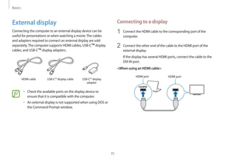 Basics
35
Connecting to a display
1	 Connect the HDMI cable to the corresponding port of the
computer.
2	 Connect the other end of the cable to the HDMI port of the
external display.
If the display has several HDMI ports, connect the cable to the
DVI IN port.
When using an HDMI cable
HDMI port HDMI port
External display
Connecting the computer to an external display device can be
useful for presentations or when watching a movie.The cables
and adapters required to connect an external display are sold
separately.The computer supports HDMI cables, USB-C™display
cables, and USB-C™display adapters.
HDMI cable USB-C™ display cable USB-C™ display
adapter
• 	Check the available ports on the display device to
ensure that it is compatible with the computer.
• 	An external display is not supported when using DOS or
the Command Prompt window.
 