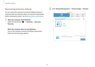Troubleshooting
61
2	 Select Backup Management → Factory image → Recover.Recovering to factory default
You can restore the computer to its factory default settings. If
necessary, back up important data to an external storage device
before restoring the system. See Backing up the current system.
1	 When the computer startsWindows:
Select the Start button ( ) → Samsung → Samsung
Recovery.
When the computer does not startWindows:
Turn on the computer and press the F4 key several times
before the Samsung logo appears.
 