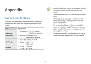 70
Appendix
Product specifications
The system specifications may differ depending on the derived
model. For detailed system specifications, refer to the product
catalog.
Item Specification
Operating
environment
• 	Temperature: -5–40°C for storage,
10–35°C when operating
• 	Humidity: 5–90% for storage,
20–80% when operating
AC/DC rating
• 	Input: 100–240VAC, 50–60 Hz
• 	Output: 19VDC, 2.1 A,
19VDC, 3.16 A
PC rating
• 	19VDC, 2.1 A (40W),
19VDC, 3.16 A (60W)
• 	Optional components may not be provided or different
components may be provided depending on the
model.
• 	The system specifications are subject to change without
notice.
• 	The Storage device capacity of a computer in which
Samsung Recovery is installed, is smaller than the
product specification.
• 	For some models, SSDs and HDDs are not available
due to the computer’s design. Also, memory cannot be
added.To replace the memory or storage, contact the
Samsung Service Center.
• 	The amount of memory thatWindows can use may be
smaller than the actual amount of memory available.
 