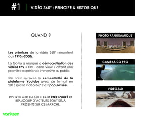QUAND ?
#1
Les prémices de la vidéo 360° remontent
aux 1990s-2000s.
La GoPro a marqué la démocratisation des
vidéos FPV « ...